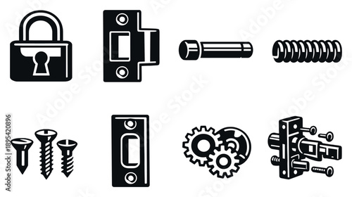 Lock components and hardware in bold style: lock body, strike plate, locking pin, spring coil, mounting screws, faceplate, internal gears, assembly diagram. Vector icons
