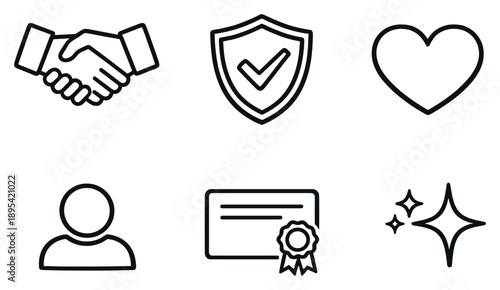 Trust Restoration in outline style: hand shake, shield with tick, heart, user avatar, certificate, spark icon. Vector icons