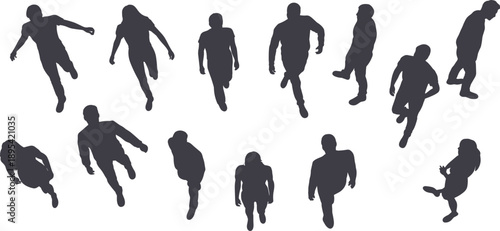 Overhead view collection of human silhouettes walking and running, isolated on white background, showing crowd movement, urban lifestyle, anonymous people activity concepts illustration