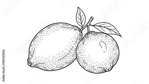 Black and white drawing of a lemon and a lime, side by side with leaves. The detailed sketch highlights textures, evoking a fresh, natural feel.