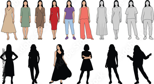Flat Vector Fashion Technical Sketches and Women Clothing Silhouettes Featuring T-shirts Hoodies Dresses and Casual Apparel Design Templates for Mockups