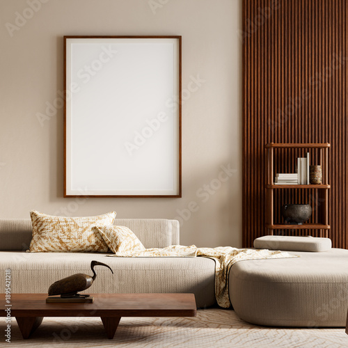 Modern mock-up interior with warm neutral palette, wooden accents, sculptural lighting, and soft textiles, arranged to evoke calm, visual balance, and refined minimal living experience.