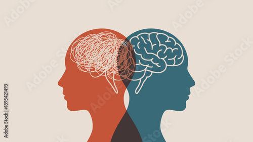 Two head silhouettes show a contrast between a tangled, chaotic mind and a clear, organized brain