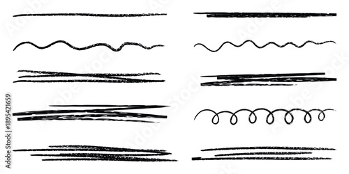 Black underline chalk brush strokes with pencil line crayon texture for handdrawn designs and markings. Rough wavy zigzag patterns or straight horizontal elements. Artistic sketch isolated on white.