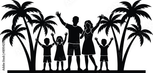 Happy family silhouette with children waving hands and cheering under tropical palm trees for summer vacation and travel design concepts