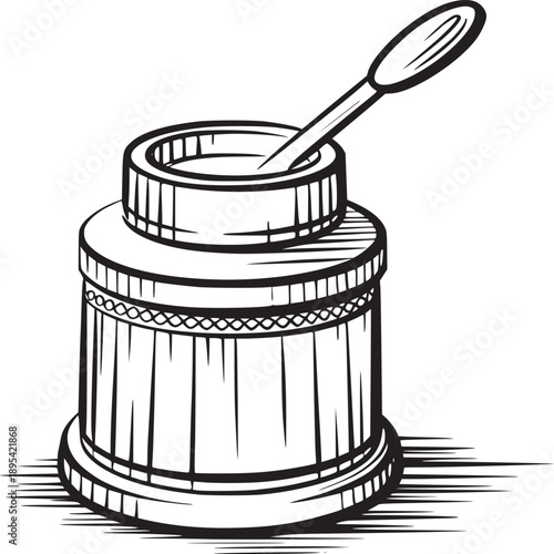 Illustration of a vintage inkwell with a quill resting inside on a white background drawing style