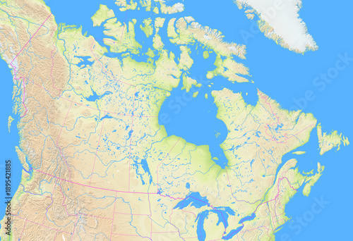 Map of Canada showing the region with relief representation, rivers, lakes and administrative boundaries. No labels at all.