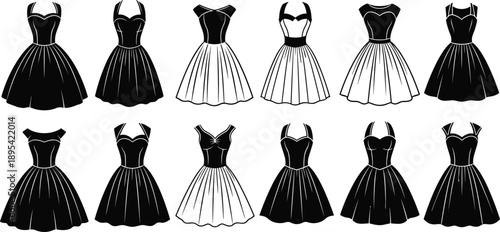 Set of female dress silhouette vector illustrations featuring various fashion styles and summer sundress designs isolated on white background for design