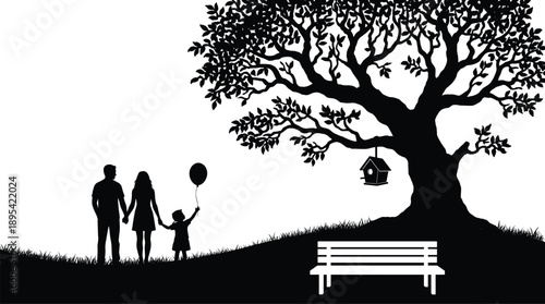 Black silhouette of happy family walking in park under large oak tree with bench and birdhouse for nature recreation concepts