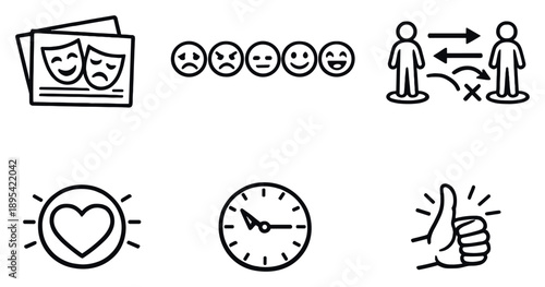 Actor direction techniques in outline style: performance cue cards, emotional beat markers, movement blocking arrows, character motivation core, rehearsal. Vector icons