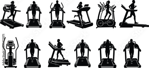 Set of black fitness silhouette vector illustrations featuring men and women running on treadmills and using elliptical trainers in gym poses