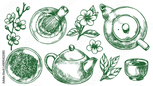 A set of elements of matcha tea. Vector illustration in sketch style.