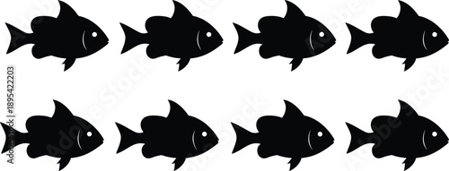 Set of black fish silhouette vector illustrations featuring various aquatic species in swimming poses isolated on white background for design