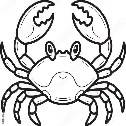 Illustration of a crab with large claws in black and white outline on a white background drawing style
