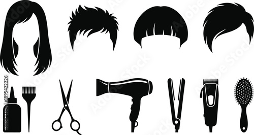 Set of hair salon silhouettes including various hairstyles and barber shop tools like scissors blow dryer comb and hair straightener