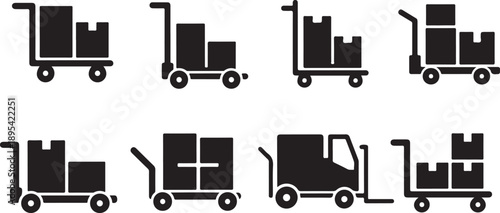 Black silhouettes of various forklifts and cargo carts icons