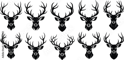 Set of black deer head silhouette vector illustrations featuring majestic stags with large antlers isolated on white background for design