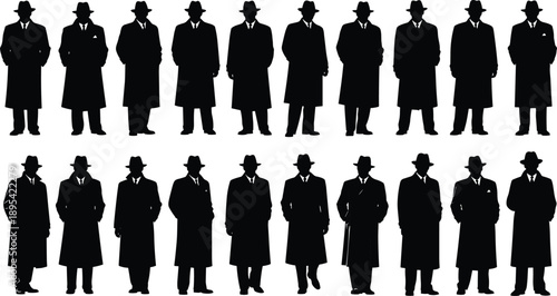 Set of black male silhouette vector illustrations featuring businessmen in trench coats and fedora hats standing in various professional poses