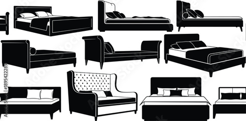 Set of black bed and sofa silhouette vector illustrations featuring various modern furniture styles isolated on white background for design