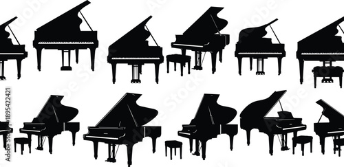 Set of black grand piano silhouette vector illustrations featuring musical instruments in various angles and perspective views isolated on white background