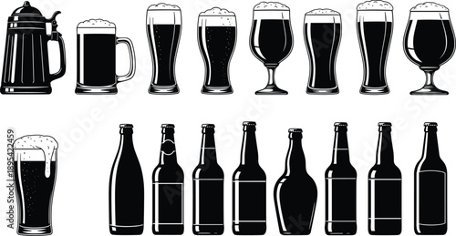 Set of black beer bottle and glass silhouette vector illustrations featuring various craft brewery glassware and beverage containers on white background