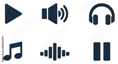 Music Playback in flat style: play button, speaker, headphones, music note, sound wave, pause button. Vector icons