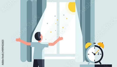 Man opening curtains to greet morning sun, alarm clock on bedside table