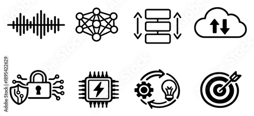 Voice Assistant Technology in outline style: sound wave analysis, neural network nodes, language processing blocks, cloud sync arrows, data privacy lock. Vector icons
