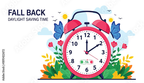 Fall back daylight saving time concept with alarm clock and autumn butterflies