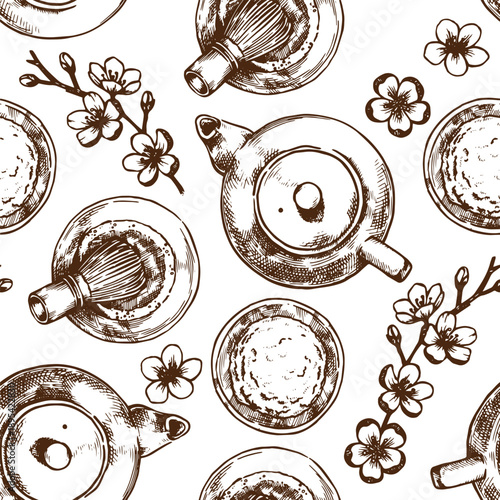 Seamless pattern with matcha tea. Vector vintage print in sketch style.
