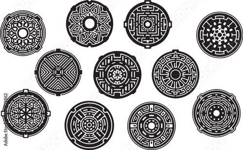 Collection of intricate manhole cover designs and patterns