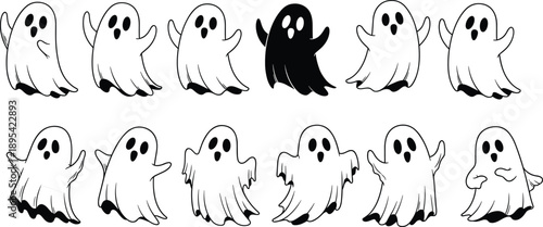 Set of cute ghost character vector illustrations featuring spooky spirits in various poses for Halloween party design and decorations
