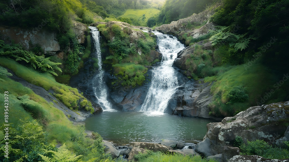 Obraz premium Picturesque Multi-Tiered Waterfall Flowing into a Serene Pool in Lush Green Forest