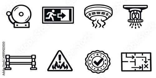 Safety and compliance inspection in outline style: fire alarm, emergency exit sign, smoke detector, sprinkler head, safety railing, hazard notice, compliance. Vector icons
