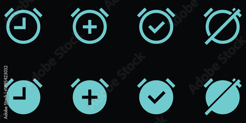 Vibrant cyan alarm clock icons in outline and filled styles depicting multiple functions
