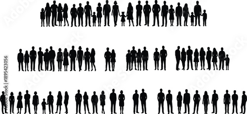 Large set of diverse family silhouettes and people groups standing in rows for community population demographics and social unity concepts