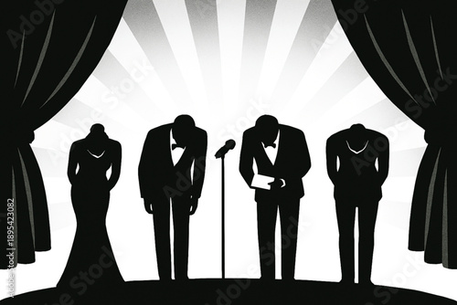 Multiple celebrity silhouettes on stage bowing together, curtain backdrop, grand award ceremony ending scene