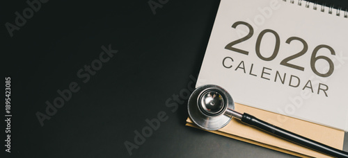 Annual health check-up. 2026 calendar with stethoscope on black surface symbolizing medical planning and health schedule for future
