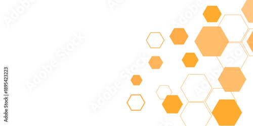 Abstract orange hexagon geometric background on white featuring gradient honeycomb shapes, representing technology, science, data networks, and connectivity in a clean modern vector design.
