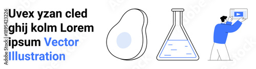 Lab flask half-filled with liquid, abstract avocado figure, and person handling video content on a screen. Ideal for education, research, nutrition, science, innovation, creativity simple landing