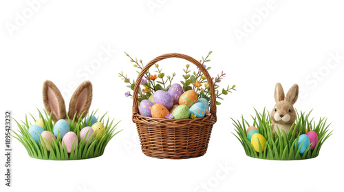 Easter themed image showing a basket filled with decorated eggs and two bunny ears peeking out of grass white background cutout