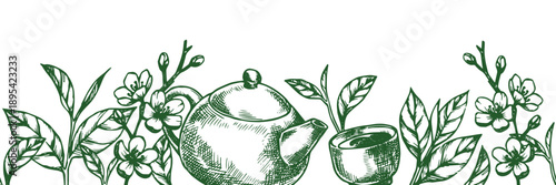 Seamless border with tea, teapot, and flowers. Vector vintage frame in sketch style.