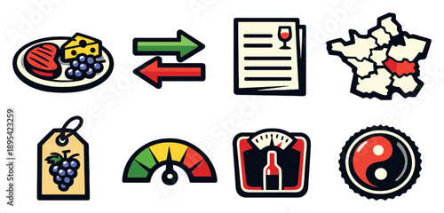 Wine selection and pairing in bold style: food plate, pairing arrows, menu document, region map, vintage tag, acidity gauge, body weight scale, harmony badge. Vector icons