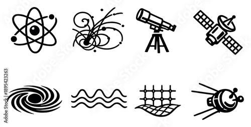 Physics and Space Research in outline style: atom model, particle track, telescope, satellite, black hole swirl, wave pattern, quantum grid, space probe. Vector icons