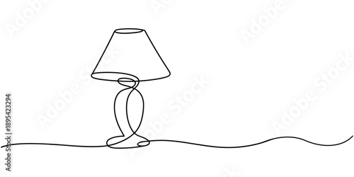 Room lamps Continuous line. One line drawing of a home furniture object to illustrate interior design. Line art object. A lampshade in a linear style with a light effect, Floor lamp.