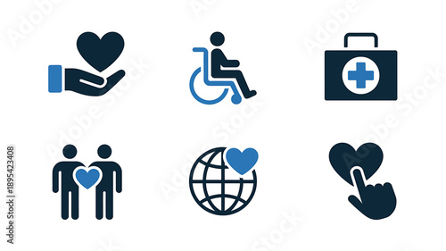Medical care and charity icons with heart symbols and hands