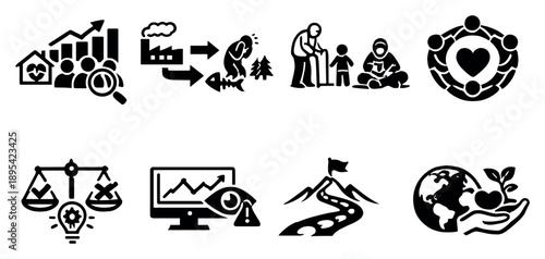 Societal Awareness System in outline style: social indicators, cause effect links, vulnerable groups, inclusion circle, ethical decision making, impact. Vector icons