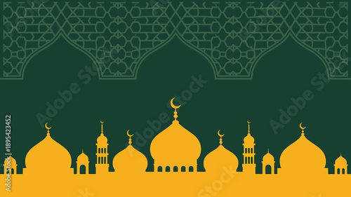 Islamic architecture mosques and mosques skyline with domes and minarets in yellow and green
