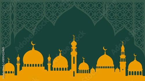 Islamic architecture silhouette with domes and minarets in yellow on green