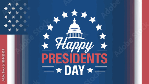 Happy Presidents Day celebration with American flag and white stars